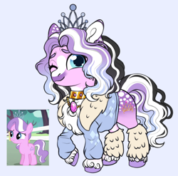 Size: 1920x1898 | Tagged: safe, artist:malinraf1615, diamond tiara, earth pony, pony, g4, alternate design, alternate hairstyle, choker, clothes, female, filly, foal, fur coat, horizonverse, jewelry, leg warmers, markings, necklace, one eye closed, redesign, screencap reference, simple background, solo, tiara, unshorn fetlocks, wink