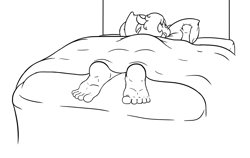 Size: 1000x631 | Tagged: safe, artist:perpendicular white, oc, oc only, oc:jc, earth pony, anthro, plantigrade anthro, barefoot, bed, earth pony oc, eyes closed, feet, female, fetish, foot fetish, foot focus, monochrome, sleeping, solo