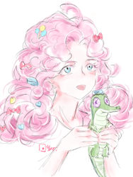 Size: 2598x3464 | Tagged: safe, artist:xinjinjumin596465364119, gummy, pinkie pie, alligator, human, g4, bust, holding, humanized, open mouth, portrait, simple background, white background