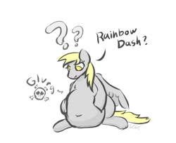 Size: 760x619 | Tagged: safe, artist:voraciouscutie, derpy hooves, rainbow dash, pegasus, pony, g4, accidental digestion, belly, belly button, big belly, chubby, death, derpypred, digestion, female, fetish, mare pred, mare prey, post-vore, preydash, vore, weight gain