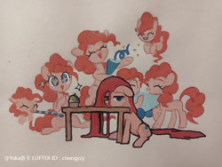 Size: 750x563 | Tagged: safe, artist:chengyzy, pinkie pie, earth pony, pony, g4, cupcake, eyes closed, food, multeity, party horn, pinkamena diane pie, solo, starry eyes, table, too much pink energy is dangerous, wingding eyes, выгорание