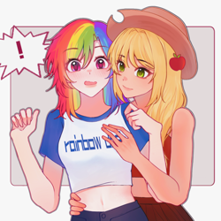 Size: 1500x1500 | Tagged: safe, artist:xinjinjumin149495925375, applejack, rainbow dash, human, g4, belly, belly button, blushing, clothes, exclamation point, female, humanized, lesbian, multicolored hair, open mouth, passepartout, rainbow hair, ship:appledash, shipping, shirt, skirt, smiling, t-shirt