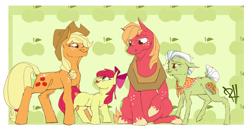 Size: 4268x2244 | Tagged: safe, artist:robynhunter396, apple bloom, applejack, big macintosh, granny smith, earth pony, pony, g4, apple family, female, filly, foal, green apple, male, mare, open mouth, passepartout, patterned background, smiling, stallion