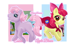 Size: 1722x1000 | Tagged: safe, artist:blossomawesom, apple bloom, baby ember (g1), earth pony, pony, g1, g4, adorabloom, cape, clothes, cmc cape, cute, female, filly, foal, g1 emberbetes, simple background, text, transparent background