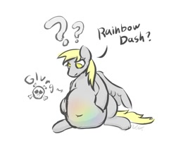 Size: 726x580 | Tagged: safe, alternate version, artist:voraciouscutie, derpy hooves, rainbow dash, pegasus, pony, g4, accidental digestion, belly, belly button, big belly, chubby, clothes, death, derpypred, digestion, female, fetish, mare pred, mare prey, post-vore, preydash, see-through, translucent belly, transparent belly, transparent flesh, vore, weight gain