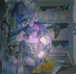 Size: 1265x1228 | Tagged: safe, artist:zuile82475, twilight sparkle, pony, unicorn, g4, book, bottle, costume, digital noise, female, film grain, halloween, holiday, horn, jack-o-lantern, jar, lantern, mare, pumpkin, star swirl the bearded costume