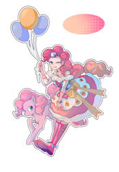 Size: 1640x2360 | Tagged: safe, artist:海苔嗨体, pinkie pie, earth pony, human, pony, equestria girls, g4, balloon, boots, clothes, dress, gala dress, humanized, one eye closed, outline, self paradox, self ponidox, shoes, simple background, smiling, tongue out, white background, white outline, wink