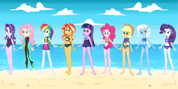 Size: 5000x2496 | Tagged: safe, artist:3d4d, artist:invisibleink, applejack, fluttershy, pinkie pie, rainbow dash, rarity, sci-twi, starlight glimmer, sunset shimmer, trixie, twilight sparkle, human, equestria girls, g4, beach, clothes, female, humane five, humane seven, humane six, ocean, summer, swimsuit, water