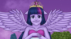 Size: 2388x1332 | Tagged: safe, artist:theedgyduck, twilight sparkle, human, equestria girls, g4, my little pony equestria girls, bare shoulders, big crown thingy, crown, element of magic, fall formal outfits, female, floppy ears, jewelry, ponied up, pony ears, regalia, scene interpretation, sleeveless, solo, spread wings, twilight ball dress, wings