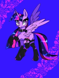 Size: 1200x1600 | Tagged: safe, artist:stacy_165cut, twilight sparkle, alicorn, pony, g4, abstract background, bangs, big eyes, black collar, black socks, blush lines, blushing, clothes, collar, dock, eyelashes, female, flustered, frown, garter belt, garters, horn, latex, latex collar, latex socks, long horn, long mane, long socks, long tail, looking up, mare, purple coat, purple eyes, raised hoof, raised leg, shiny mane, shiny tail, socks, solo, sparkly eyes, sparkly mane, sparkly tail, standing on two hooves, straight mane, straight tail, tail, thigh highs, three toned mane, three toned tail, twilight sparkle (alicorn), unicorn horn, wingding eyes