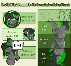 Size: 2941x2731 | Tagged: safe, artist:invisiblegreenbox, oc, oc only, earth pony, pony, advertisement, community related, emotes, icon, pfp, price sheet, sticker