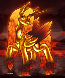 Size: 2000x2400 | Tagged: safe, artist:shad0w-galaxy, daybreaker, oc, oc:aqasha, alicorn, elemental, elemental pony, fire pony, lava pony, original species, pony, g4, alicorn oc, alternate universe, cloud, corrupted, female, glowing, glowing eyes, goddess, gold, gold body, high res, horn, infinite eclipse, lava, magma, mare, melting, smoke, solo, species:molten, volcano, wings