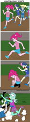 Size: 819x3329 | Tagged: safe, artist:pheeph, bon bon, derpy hooves, lyra heartstrings, pinkie pie, sweetie drops, human, equestria girls, g4, comic, crash, female, laces, old master q, parody, running, track and field, tripping, tying shoes