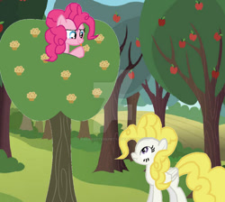 Size: 900x806 | Tagged: safe, artist:pinkiepartypiepiety, pinkie pie, surprise, earth pony, pegasus, pony, g1, g4, apple, apple tree, duo, duo female, female, food, mare, muffin, screencap background, tree