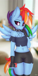 Size: 2930x5803 | Tagged: safe, artist:omi, rainbow dash, pegasus, anthro, g4, belly, belly button, cellphone, clothes, collar, commission, cosplay, costume, female, fingerless gloves, gloves, hellaverse, helluva boss, loona (helluva boss), mare, pentagram, phone, short shirt, shorts, smartphone, solo, spiked collar