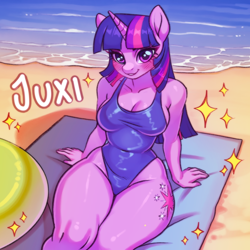 Size: 3000x3000 | Tagged: safe, artist:juxi, twilight sparkle, unicorn, anthro, g4, beach, beach towel, blushing, breasts, busty twilight sparkle, cleavage, clothes, commission, female, horn, looking at you, one-piece swimsuit, sitting, smiling, smiling at you, solo, swimsuit, thighlight sparkle, thunder thighs, ych example, your character here