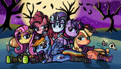 Size: 1498x858 | Tagged: safe, artist:lemomew, gameloft, applejack, fluttershy, pinkie pie, rainbow dash, rarity, twilight sparkle, alicorn, earth pony, pegasus, unicorn, g4, candle, clothes, clothing, edgy, horn, leaves, mane six, moon, pumpkin, shoes, skull, sky, tree, twilight sparkle (alicorn)