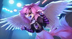 Size: 4400x2400 | Tagged: safe, artist:mithriss, oc, oc only, oc:alina, fox, fox pony, hybrid, pegasus, semi-anthro, chest fluff, choker, claws, clothes, colored paw pads, ear tufts, evil, fangs, female, fingerless gloves, gloves, long ears, mittens, open mouth, paw pads, paws, pink hair, shirt, solo, spread wings, t-shirt, tongue out, whiskers, wings