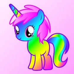 Size: 900x900 | Tagged: artist needed, oc name needed, safe, oc, oc only, pony, unicorn, big horn, colored horn, donut steel, female, filly, foal, gradient background, gradient body, horn, looking at you, pink background, pink eyes, rainbow body, rainbow gradient, rainbow horn, rainbow tail, solo, standing, tail