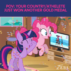 Size: 2160x2160 | Tagged: safe, artist:zslnews, pinkie pie, twilight sparkle, alicorn, earth pony, pony, g4, ^^, confetti, duo, duo female, eyes closed, female, mare, olympics, paris 2024, television, twilight sparkle (alicorn)