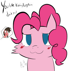 Size: 3000x3000 | Tagged: safe, artist:ace play, pinkie pie, oc, oc:ace play, earth pony, pony, g4, :3, blank eyes, blood, blush scribble, blushing, boykisser, dialogue, facial hair, female, goatee, high res, male, mare, meme, nosebleed, ponified meme, simple background, smiling, solo focus, stallion, white background