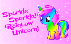 Size: 1280x800 | Tagged: artist needed, oc name needed, safe, oc, oc only, pony, unicorn, big horn, colored horn, donut steel, female, filly, foal, gradient background, gradient body, horn, looking at you, pink background, pink eyes, rainbow body, rainbow gradient, rainbow horn, rainbow tail, simple background, sparkles, standing, tail, wallpaper