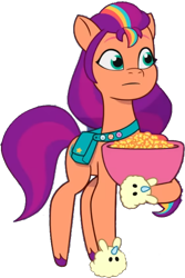 Size: 514x768 | Tagged: safe, edit, edited screencap, editor:pascalmulokozi2, screencap, sunny starscout, earth pony, pony, g5, my little pony: tell your tale, sleepover!!, spoiler:g5, spoiler:my little pony: tell your tale, spoiler:tyts02e18, background removed, clothes, female, food, mane stripe sunny, mare, not a vector, popcorn, simple background, slippers, solo, transparent background