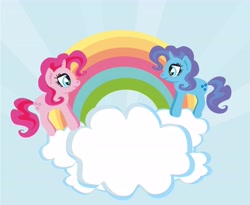 Size: 5500x4517 | Tagged: artist needed, safe, oc, oc only, unnamed oc, unicorn, blue background, cloud, duo, duo female, female, horn, light blue background, looking at each other, looking at someone, mare, not misty brightdawn, not pinkie pie, on a cloud, rainbow, standing on a cloud, sunburst background, unicorn oc