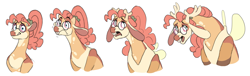 Size: 3948x1200 | Tagged: safe, artist:baylard, oc, oc only, oc:mascarpone pie, draconequus, earth pony, pony, bucktooth, bust, disguised draconequus, draconequus oc, female, glasses, mare, offspring, parent:cheese sandwich, parent:pinkie pie, parents:cheesepie, pony to draconequus, round glasses, simple background, sweat, transformation, white background