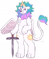 Size: 1717x2048 | Tagged: safe, artist:spookyfoxinc, princess celestia, alicorn, big cat, lion, anthro, g4, furrified, furry, lioness, lionlestia, maned lioness, pony to furry, simple background, solo, species swap, sword, weapon, white background