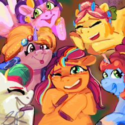 Size: 1280x1280 | Tagged: safe, artist:flurryheart04, izzy moonbow, misty brightdawn, pipp petals, posey bloom, sunny starscout, zipp storm, earth pony, pegasus, pony, unicorn, g5, my little pony: tell your tale, sleepover!!, spoiler:g5, spoiler:my little pony: tell your tale, spoiler:tyts02e18, background pony hitch, female, grin, horn, laughing, mane stripe sunny, mare, one eye closed, open mouth, open smile, rebirth misty, smiling, teary eyes, tongue out, without a hitch