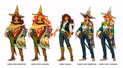 Size: 5938x3272 | Tagged: safe, artist:bixels, sunset shimmer, human, the grand galloping 20s, g4, absurd resolution, bag, beauty mark, belt, boots, bowtie, charro, clothes, cowboy boots, female, fiery hair, gun, handgun, hat, holster, humanized, messenger bag, mole, necktie, pants, poncho, revolver, sash, shirt, shoes, simple background, solo, spurs, sword, tan skin, weapon, white background, witch hat