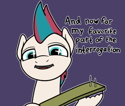 Size: 2047x1742 | Tagged: safe, artist:ewoudcponies, zipp storm, pegasus, pony, g5, board with a nail in it, bust, detective zipp, dialogue, female, hoof hold, mare, open mouth, open smile, outline, purple background, simple background, smiling, solo, talking to viewer, this will end in pain, white outline