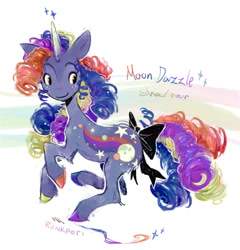 Size: 875x913 | Tagged: safe, artist:lutraviolet, oc, oc only, oc:moon dazzle, pony, unicorn, g1, g4, bow, female, freckles, g1 to g4, galloping, generation leap, gradient hooves, horn, looking back, mare, mismatched horns, multicolored hair, orange eyes, pronouns, rainbow curl pony, rainbow hair, ringlets, running, simple background, small eyes, solo, sparkles, tail, tail bow