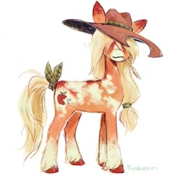 Size: 753x743 | Tagged: safe, artist:lutraviolet, applejack, earth pony, pony, g4, alternate design, applejack's hat, blaze (coat marking), bow, coat markings, colored eartips, covered eyes, cowboy hat, dappled, facial markings, female, hat, hidden eyes, horse coloration, mare, pretty, signature, simple background, snip (coat marking), socks (coat markings), solo, standing, straw in mouth, tail, tail bow, tied hair, unshorn fetlocks, white background