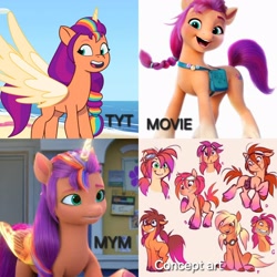 Size: 2880x2880 | Tagged: artist needed, safe, edit, edited screencap, screencap, sunny starscout, alicorn, earth pony, pony, alicorn issues, g5, my little pony: a new generation, my little pony: make your mark, my little pony: tell your tale, beach, concept art, cutie mark, ears up, female, glasses, glitter, green eyes, high res, horn, letter, mane stripe sunny, mare, ocean, open mouth, pink eyes, pink hair, pink mane, sand, scout, screwdriver, sky, smiling, spread wings, water, what could have been, wings, yellow hair, yellow mane