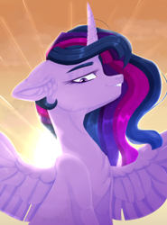 Size: 800x1080 | Tagged: safe, artist:mintkly, twilight sparkle, alicorn, pony, g4, backlighting, bust, chest fluff, crepuscular rays, ear fluff, ears back, female, grin, looking at you, looking down, looking down at you, mare, portrait, profile, smiling, smug, solo, spread wings, sunset, twilight sparkle (alicorn), wings