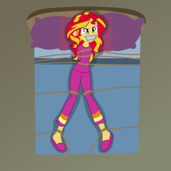 Size: 2500x2500 | Tagged: safe, artist:nie-martw-sie-o-mnie, part of a set, sunset shimmer, human, equestria girls, g4, bondage, bound and gagged, clothes, female, femsub, gag, pajamas, pillow, rope, rope bondage, slippers, solo, submissive, subset, tape, tape gag, tied down, tied to bed