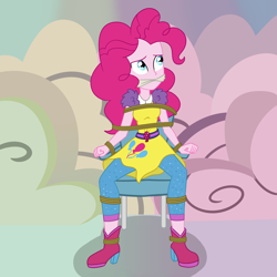 Size: 2500x2500 | Tagged: safe, artist:nie-martw-sie-o-mnie, part of a set, pinkie pie, human, equestria girls, equestria girls specials, g4, my little pony equestria girls: dance magic, bondage, boots, bound and gagged, chair, cleave gag, cloth gag, clothes, femsub, gag, high heel boots, high heels, leggings, pinkiesub, rope, rope bondage, shoes, solo, submissive