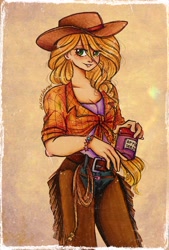 Size: 2136x3159 | Tagged: safe, artist:dariarchangel, applejack, human, g4, alternate hairstyle, applebetes, applejacked, belt, blonde, blonde hair, bracelet, braid, clothes, cowboy hat, cowgirl, cute, denim, eyebrows, eyebrows visible through hair, female, flannel shirt, freckles, friendship bracelet, green eyes, hat, humanized, jackabetes, jeans, jewelry, lasso, lidded eyes, long hair, muscles, muscular female, pants, rope, smiling, solo, stetson, strong, traditional art, woman