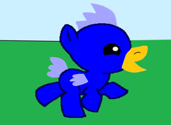 Size: 1280x935 | Tagged: safe, artist:disneyponyfan, artist:ocrystalart, bird, hippogriff, pegasus, pony, g4, baby, baby blue bird, base used, blank flank, colt, dora the explorer, excited, field, foal, grass, grass field, happy, male, outdoors, ponified, rule 85, running, solo