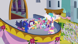 Size: 1280x720 | Tagged: safe, screencap, applejack, bruce mane, caesar, classy clover, cobalt (g4), count caesar, dark moon, diamond mint, eclair créme, flank sinatra, fluttershy, graceful falls, graphite, lyrica lilac, masquerade, mint swirl, mr. waddle, north star, orion, pampered pearl, parasol, pinkie pie, ponet, princess celestia, princess luna, rainbow dash, rarity, royal ribbon, sealed scroll, serene waves, shooting star (g4), spring forward, star gazer, summer nights, twilight sparkle, wilma, alicorn, earth pony, pegasus, pony, unicorn, g4, magical mystery cure, season 3, big crown thingy, clothes, coronation dress, dress, element of magic, horn, jewelry, regalia, twilight sparkle (alicorn)