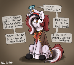 Size: 2370x2061 | Tagged: safe, artist:reddthebat, oc, oc:alaska (reddthebat), oc:red rocket, earth pony, unicorn, boots, cap, cape, clothes, dialogue, glasses, hat, horn, necktie, pants, shoes, silly, solar empire, uniform