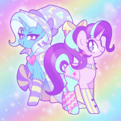 Size: 1750x1750 | Tagged: safe, artist:vivian reed, starlight glimmer, trixie, pony, unicorn, g4, bow, cape, choker, chokerlight, clothes, duo, duo female, fairy kei, female, food, frosting, gradient background, grin, hair bow, hairclip, hat, horn, lidded eyes, looking at each other, looking at someone, mare, narrowed eyes, no pupils, rainbow background, smiling, socks, stockings, striped socks, thigh highs, toeless legwear, toeless stockings, trixie's cape, trixie's hat