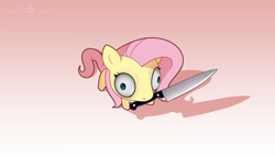 Size: 6000x3427 | Tagged: safe, artist:evehly, fluttershy, pegasus, pony, g4, adoracreepy, chibi, creepy, cute, digital art, eye bulging, female, gradient background, grimcute, imminent violence, knife, mare, mouth hold, now you fucked up, peace was never an option, shadow, shyabetes, solo, stubby legs, this will end in pain and/or tears and/or death, this will not end well