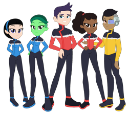 Size: 1944x1717 | Tagged: safe, artist:robertsonskywa1, alien, cyborg, human, equestria girls, g4, african american, beckett mariner, black hair, brad boimler, brown eyes, brown hair, clothes, d'vana tendi, dark skin, equestria girls-ified, female, group, hand on hip, male, orion (star trek), photo, sam rutherford, simple background, star trek, star trek lower decks, starfleet, t'lyn, transparent background, uniform, vulcan