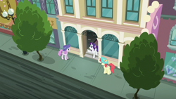 Size: 1280x720 | Tagged: safe, screencap, crimson cream, fashion statement, mare e. belle, pearmain worcester, rarity, earth pony, pony, unicorn, g4, the saddle row review, female, hat, high angle, horn, lamppost, looking at someone, manehattan, mare, rarity for you, tree, trio