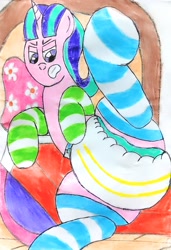 Size: 2197x3206 | Tagged: safe, artist:bitter sweetness, starlight glimmer, pony, unicorn, g4, abdl, adult foal, bed, clothes, cute, diaper, diaper butt, diaper fetish, diapered, disgusted, female, fetish, furniture, gritted teeth, horn, lying down, lying on bed, mare, mattress, non-baby in diaper, on bed, pillow, poofy diaper, rug, socks, striped socks, teeth, traditional art, wooden floor