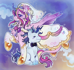 Size: 1280x1213 | Tagged: safe, artist:beetlegoblin, princess cadance, shining armor, alicorn, pony, unicorn, g4, abstract background, bowtie, chest fluff, clothes, crystal horn, dress, duo, duo male and female, facial hair, female, goatee, hoof shoes, horn, horn jewelry, jewelry, larger female, leonine tail, male, mare, meme, necktie, ship:shiningcadance, shipping, size difference, smaller male, stallion, straight, tail, the bride and the ugly ass groom, wedding dress