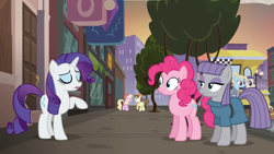 Size: 1366x768 | Tagged: safe, screencap, luckette, maud pie, mesh scarf, pegasus olsen, peggy holstein, perfume hearts, pinkie pie, rarity, earth pony, pony, unicorn, g4, season 6, the gift of the maud pie, female, horn, manehattan, mare, tree